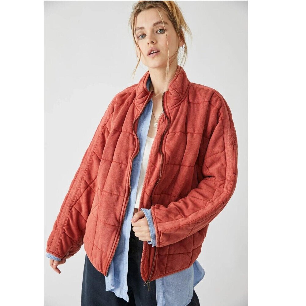 Free People Red Bomber Jacket with Quilted Design